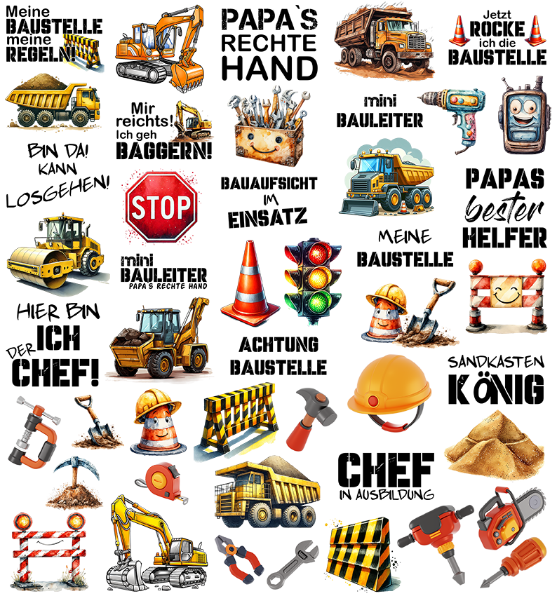 UV-DTF-Stickerbogen „Bauen & Straße“ – Bagger, Buggys & Schilder - Sublishop.net GmbH