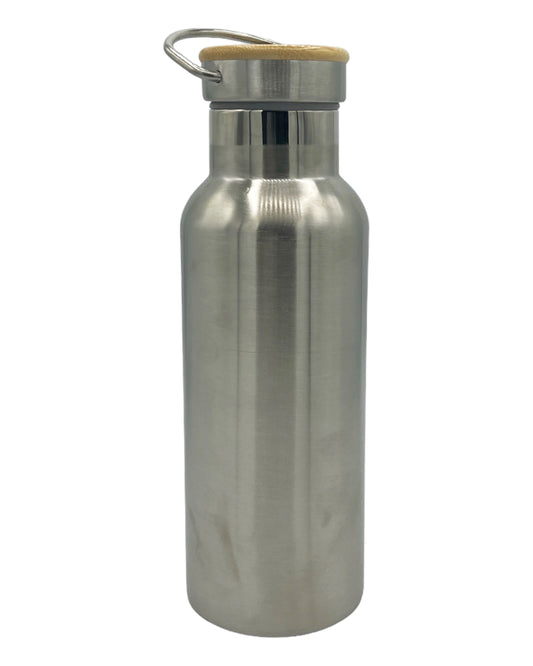 Edelstahl Trinkflasche mit Bambusdeckel und Henkel in Silber 500ml