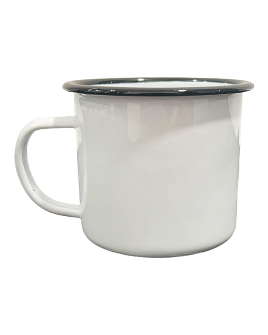 Large enamel cup in white with a black rim