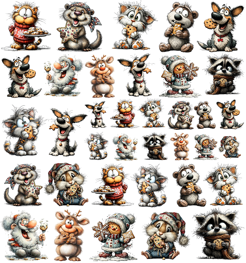 Lustige Tiere mit Keksen zur Weihnachtsbäckerei (UV-DTF Sticker)