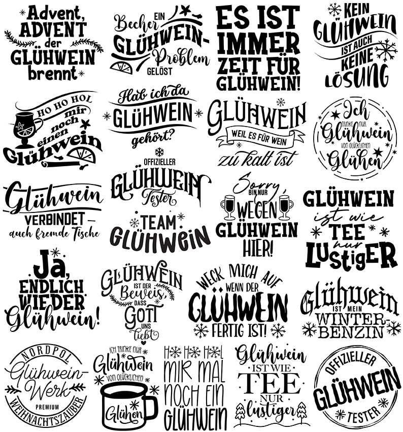 Glühwein Sprüche schwarz, max 6cm hoch (UV-DTF Sticker)